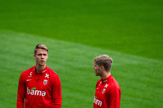 Kristoffer Ajer and Sigurd Rosted of the Norwegian national