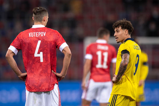 Ilya Kutepov of Russia and Jordan Larsson of Sweden