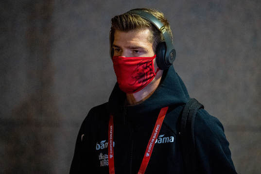 Alexander Sørloth of Norway arrives wearing a face mask