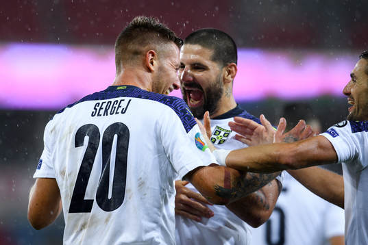 Sergej Milinkovic-Savic and Aleksandar Mitrovic of Serbia