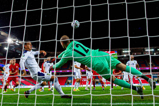 Nemanja Maksimovic and goalkeeper Predrag Rajkovic of