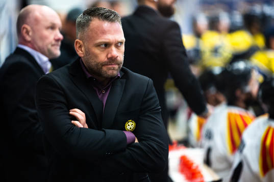Brynäs assisterande tränare Mikael Holmqvist deppar
