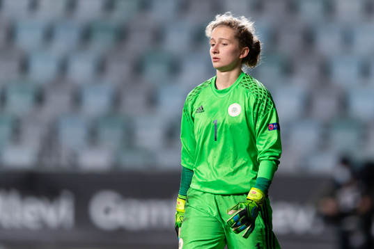 Goalkeeper Sofja Nesterova of Latvia