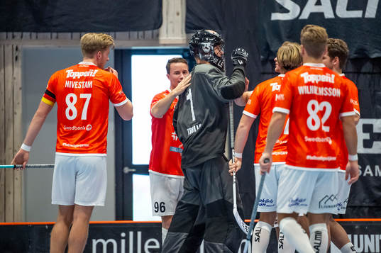 Höllvikens spelare jublar åt målvakt Mike Trolle Linds
