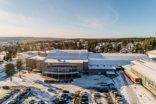 Flygbild över Skellefteå Kraft Arena exteriört före