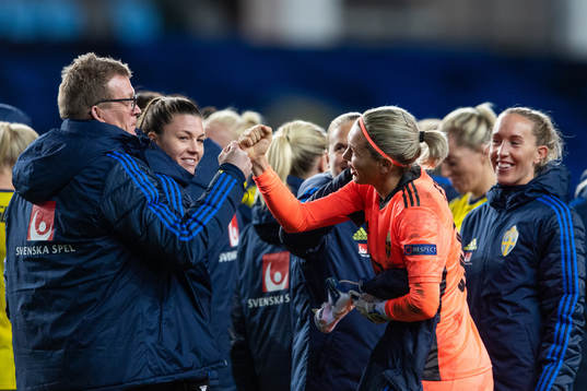 Goalkeeper Jennifer Falk of Sweden celebrates