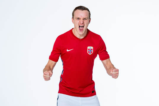 Marius Lode of the Norwegian national football team poses