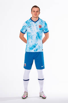 Marius Lode of the Norwegian national football team poses