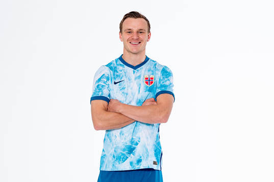 Marius Lode of the Norwegian national football team poses