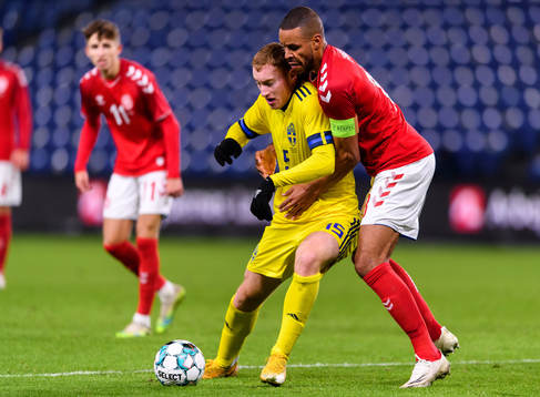 Dejan Kulusevski of Sweden and Mathias Jørgensen of Denmark