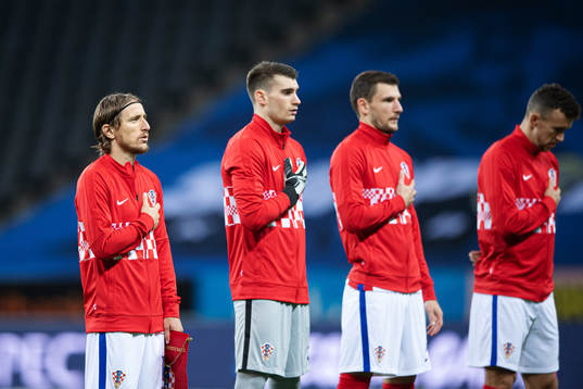 Luka Modric of Croatia singing the national anthem