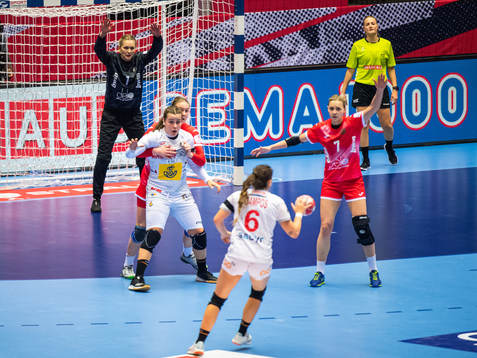 Goalkeeper Anna Sedokyina and Olga Gorshenina of Russia