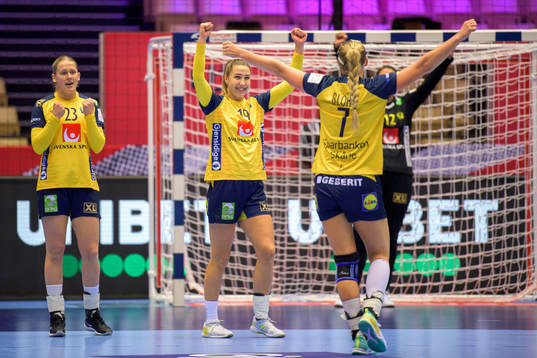 Anna Lagerquist and Linn Blohm of Sweden celebrate