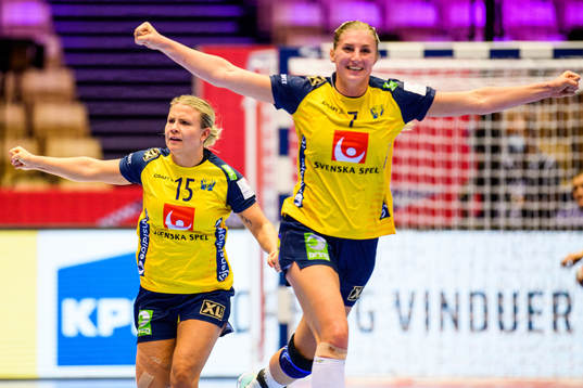 Emma Rask and Linn Blohm of Sweden celebrate