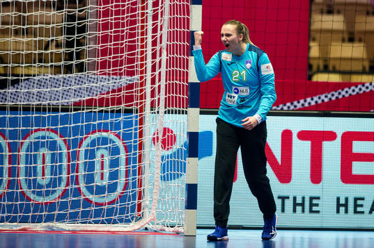 Goalkeeper Amra Pandzic of Slovenia celebrates