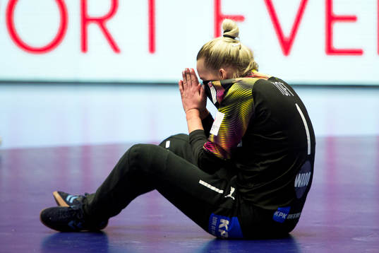 Goalkeeper Sandra Toft of Denmark reacts
