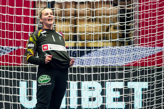 Goalkeeper Sandra Toft of Denmark reacts