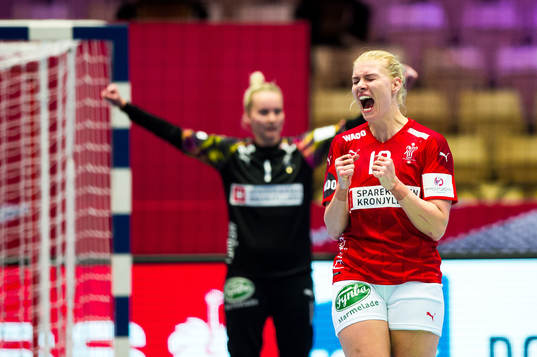 Goalkeeper Sandra Toft and Kathrine Heindahl of Denmark
