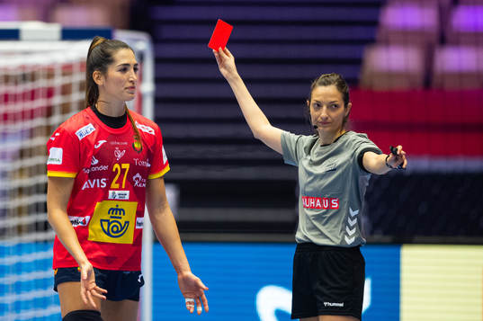 Nerea Pena Abaurrea of Spain receives a red card from
