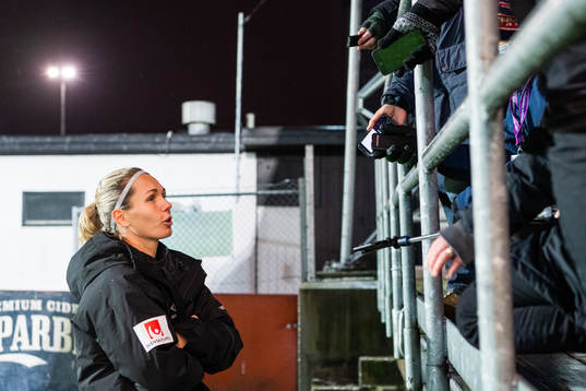 Goalkeeper Jennifer Falk of Göteborg is interviewed
