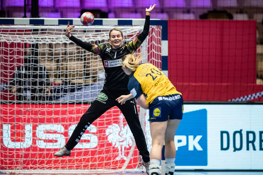 goalkeeper Sandra Toft of Denmark saves a penalty shot from
