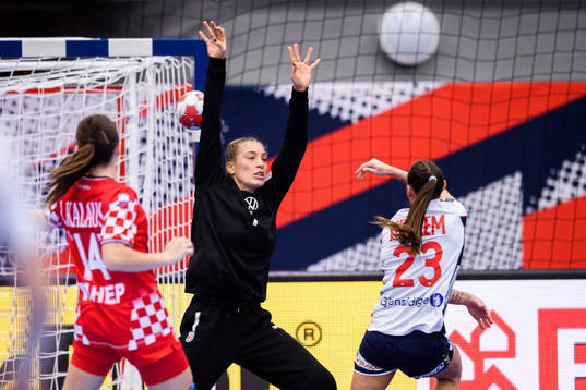 Goalkeeper Lucija Besen of Croatia and Camilla Herrem of