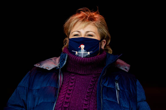 Erna Solberg, prime minister of Norway, wears a face mask