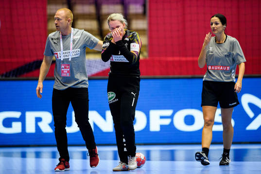 Goalkeeper Sandra Toft of Denmark in pain