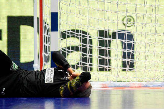 Goalkeeper Sandra Toft of Denmark in pain