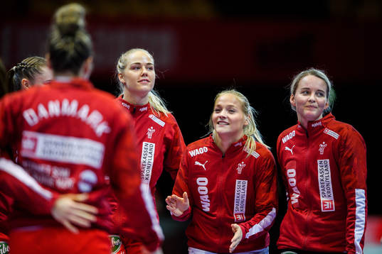 Larke Nolsoe Pedersen and goalkeeper Sandra Toft of Denmark