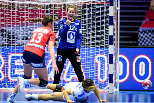 Goalkeeper Silje Margaretha Solberg of Norway celebrates