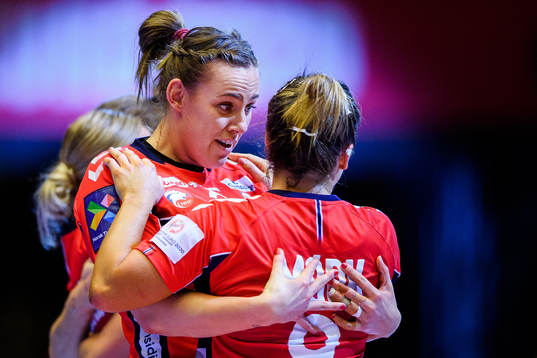 Emilie Hegh Arntzen and Nora Mørk of Norway celebrate