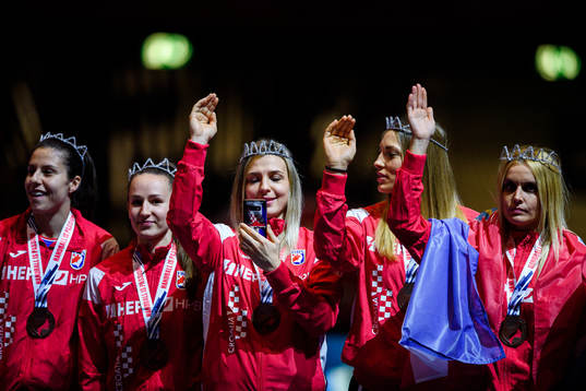 Players of Croatia celebrate with their bronze medals