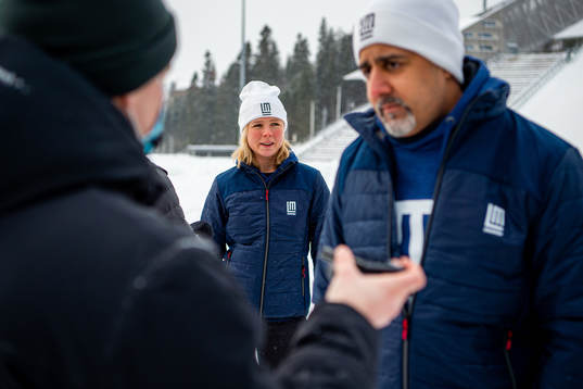 Norwegian ski jumper Maren Lundby and Abid Raja, minister
