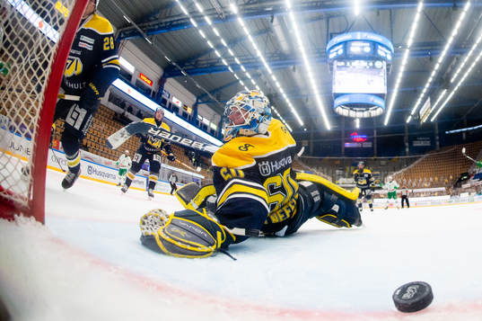 s målvakt Hugo Alnefelt ser pucken gå i mål