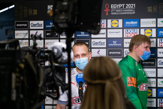 Morten Toft Olsen and goalkeeper Emil Nielsen of Denmark is