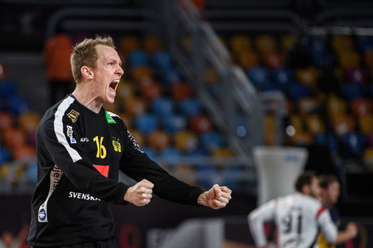 Goalkeeper Mikael Aggefors of Sweden celebrates