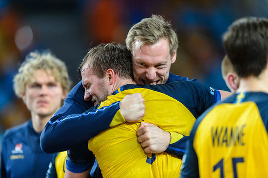 Max Darj and Fredric Pettersson of Sweden celebrate