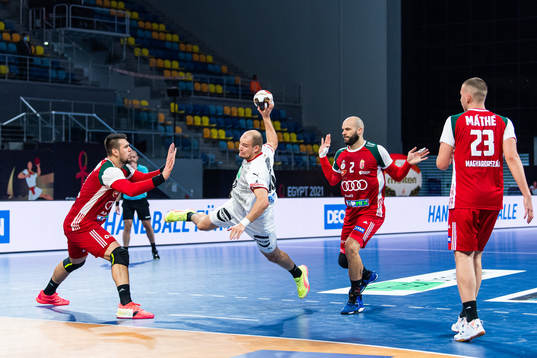 Bence Bánhidi and Adrián Sipos of Hungary defend against