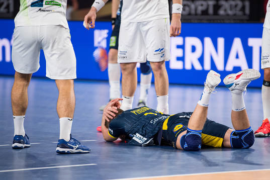 Linus Persson of Sweden in pain