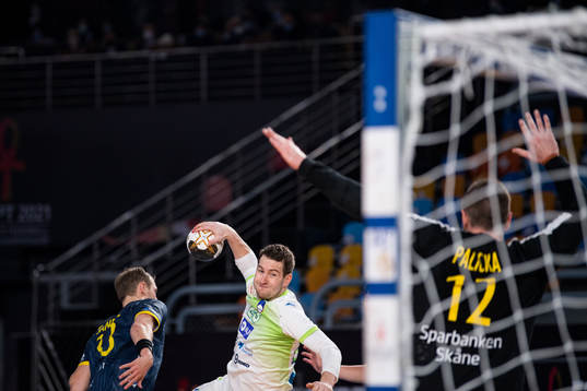 Miha Zarabec of Slovenia against goalkeeper Andreas Palicka