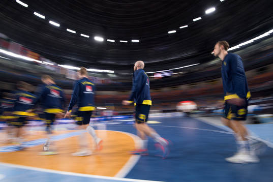 Oscar Bergendahl of Sweden enters the arena with team mates