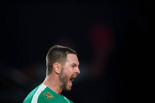 Goalkeeper Andreas Palicka of Sweden celebrates
