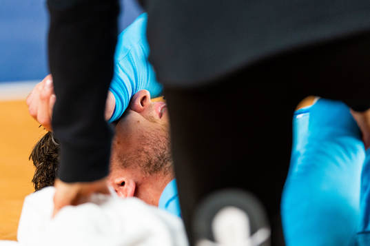 Goalkeeper Niklas Landin Jacobsen in pain