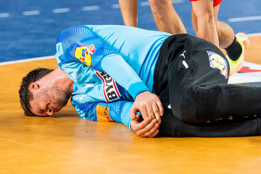 Goalkeeper Niklas Landin Jacobsen in pain