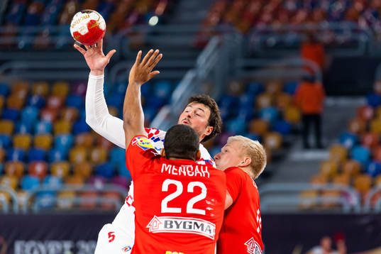 Mads Larsen Mensah and Magnus Jensen of Denmark defend