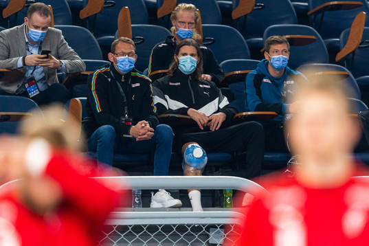 Mikkel Hansen of Denmark in the stands with an iced knee