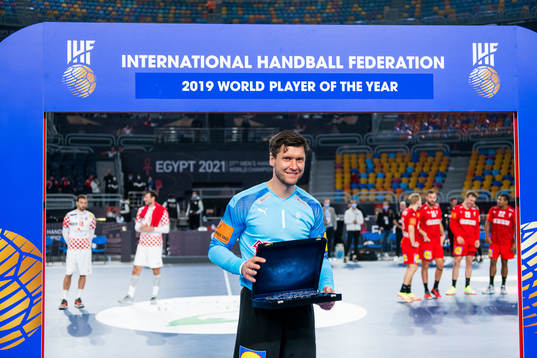 Goalkeeper Niklas Landin Jacobsen of Denmark receives the