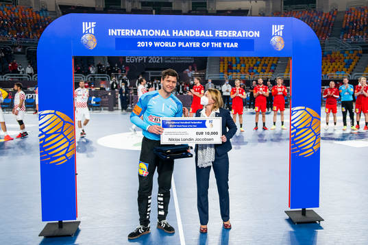 Goalkeeper Niklas Landin Jacobsen of Denmark receives the