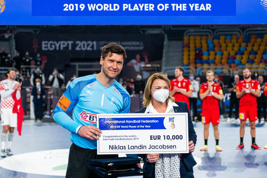 Goalkeeper Niklas Landin Jacobsen of Denmark receives the